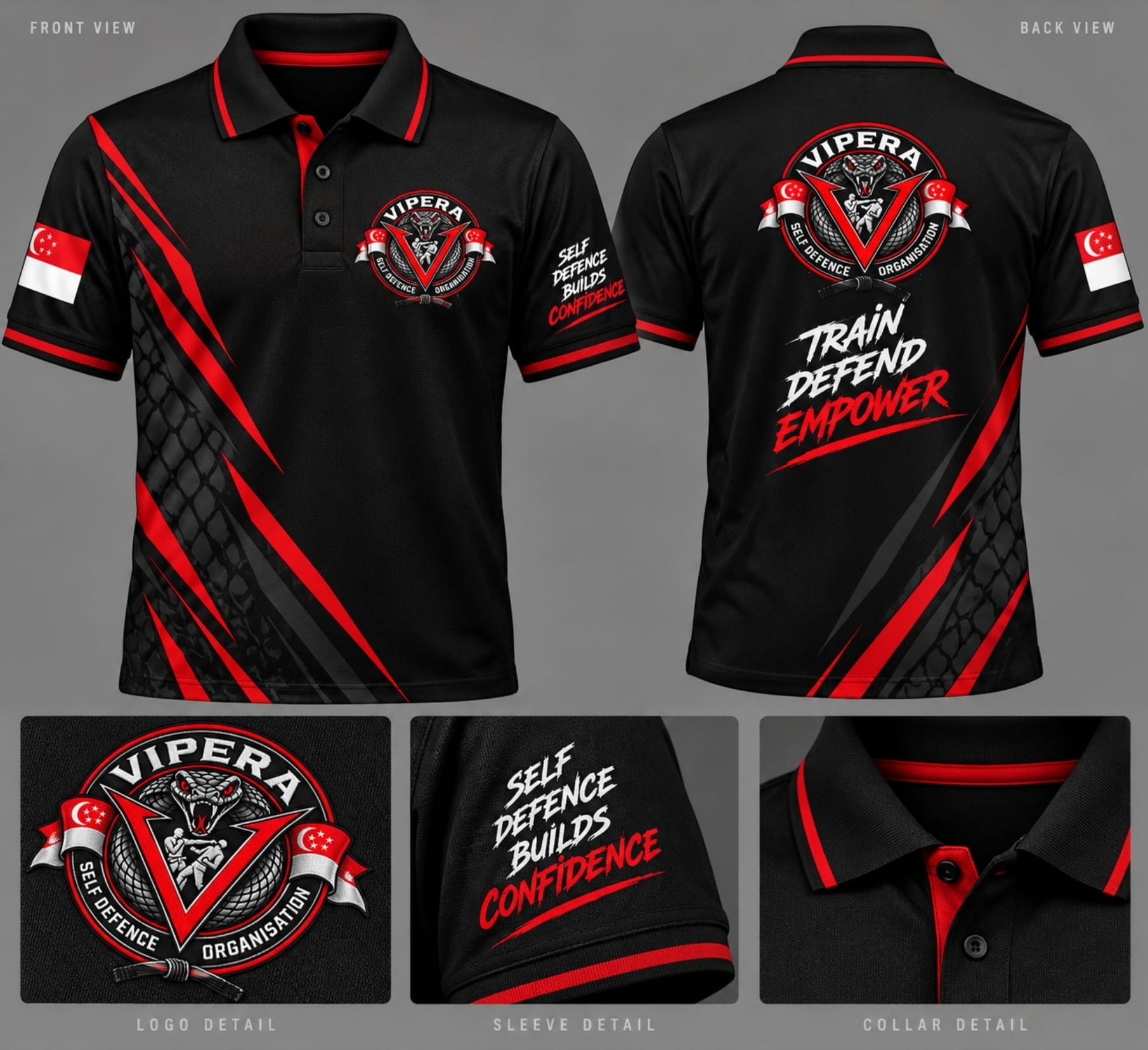 VIPERA Self Defence Organisation black polo shirt with red accents, front and back view