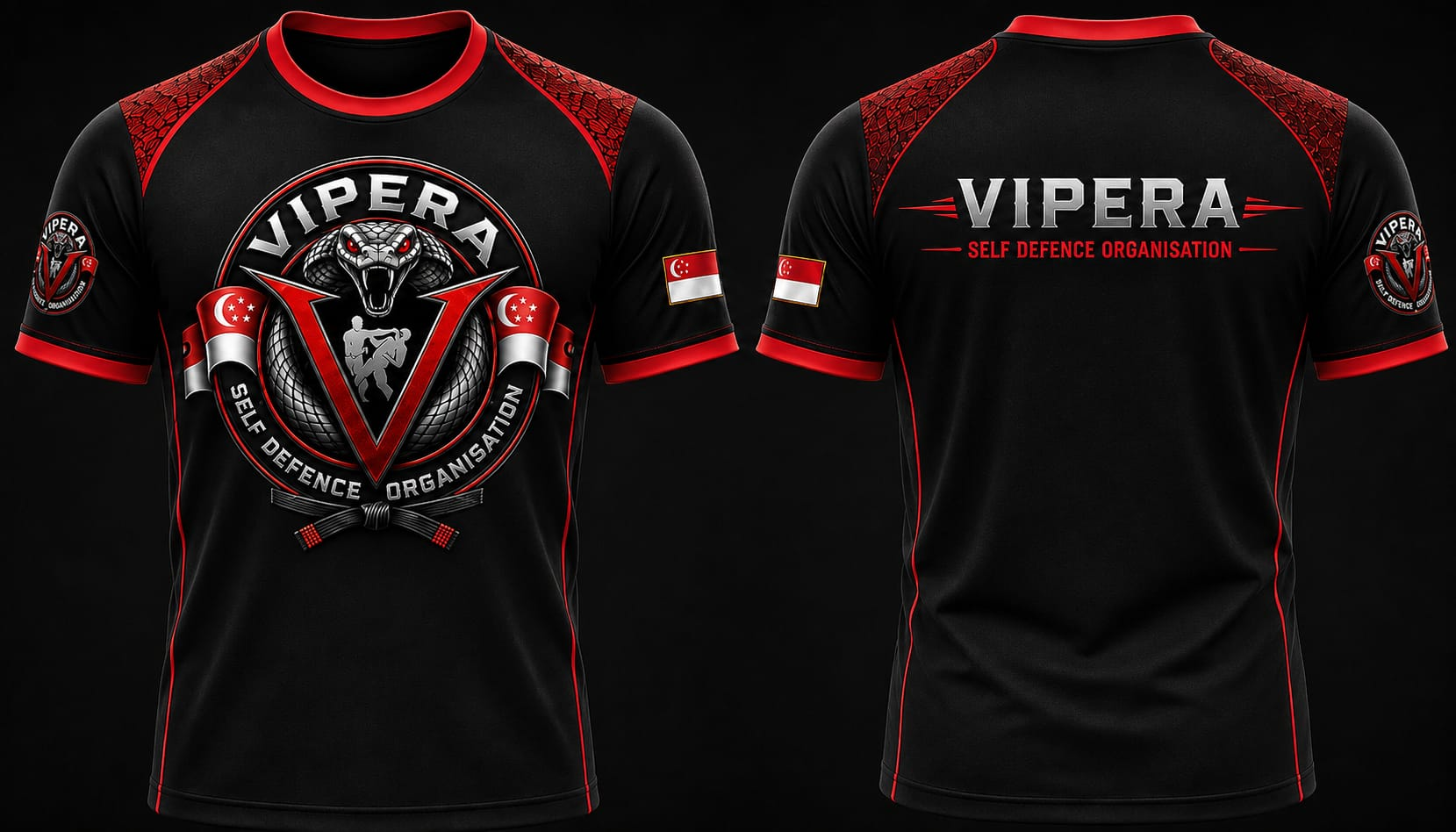 VIPERA Self Defence Organisation black crew-neck t-shirt with red snakeskin shoulders, front and back view