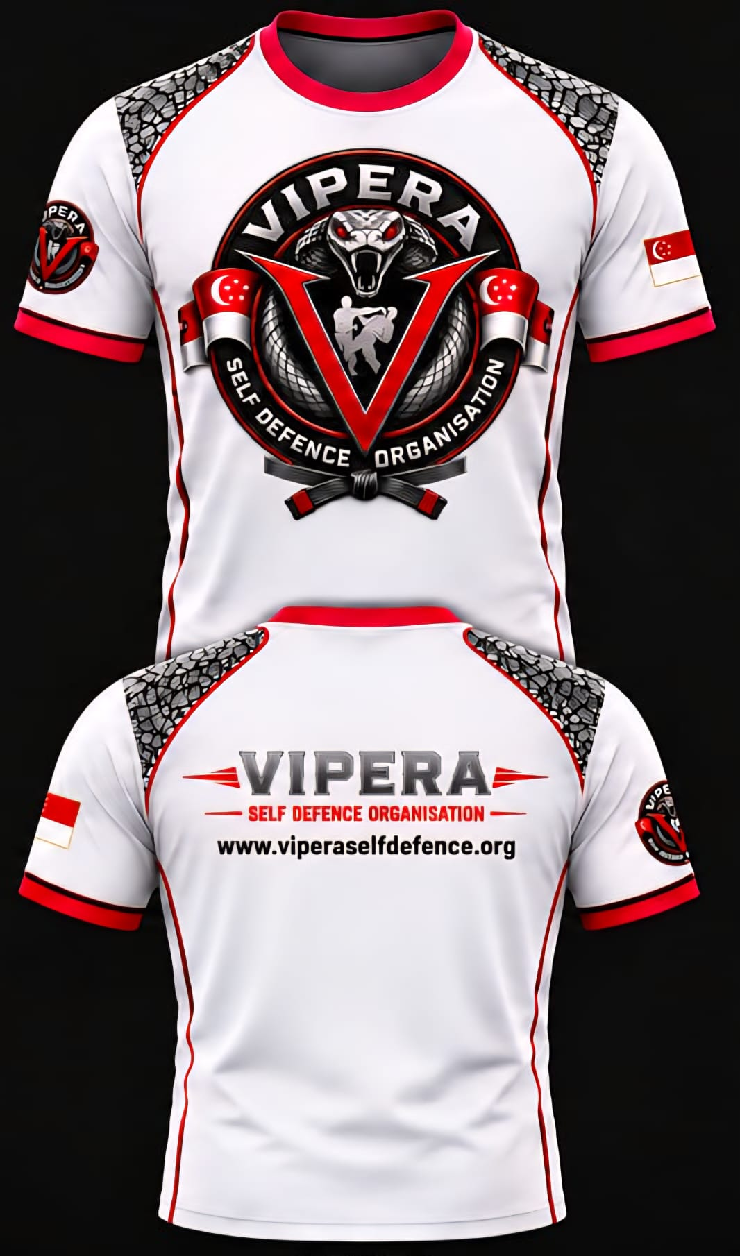 VIPERA Self Defence Organisation white crew-neck t-shirt with grey snakeskin shoulders, front and back view