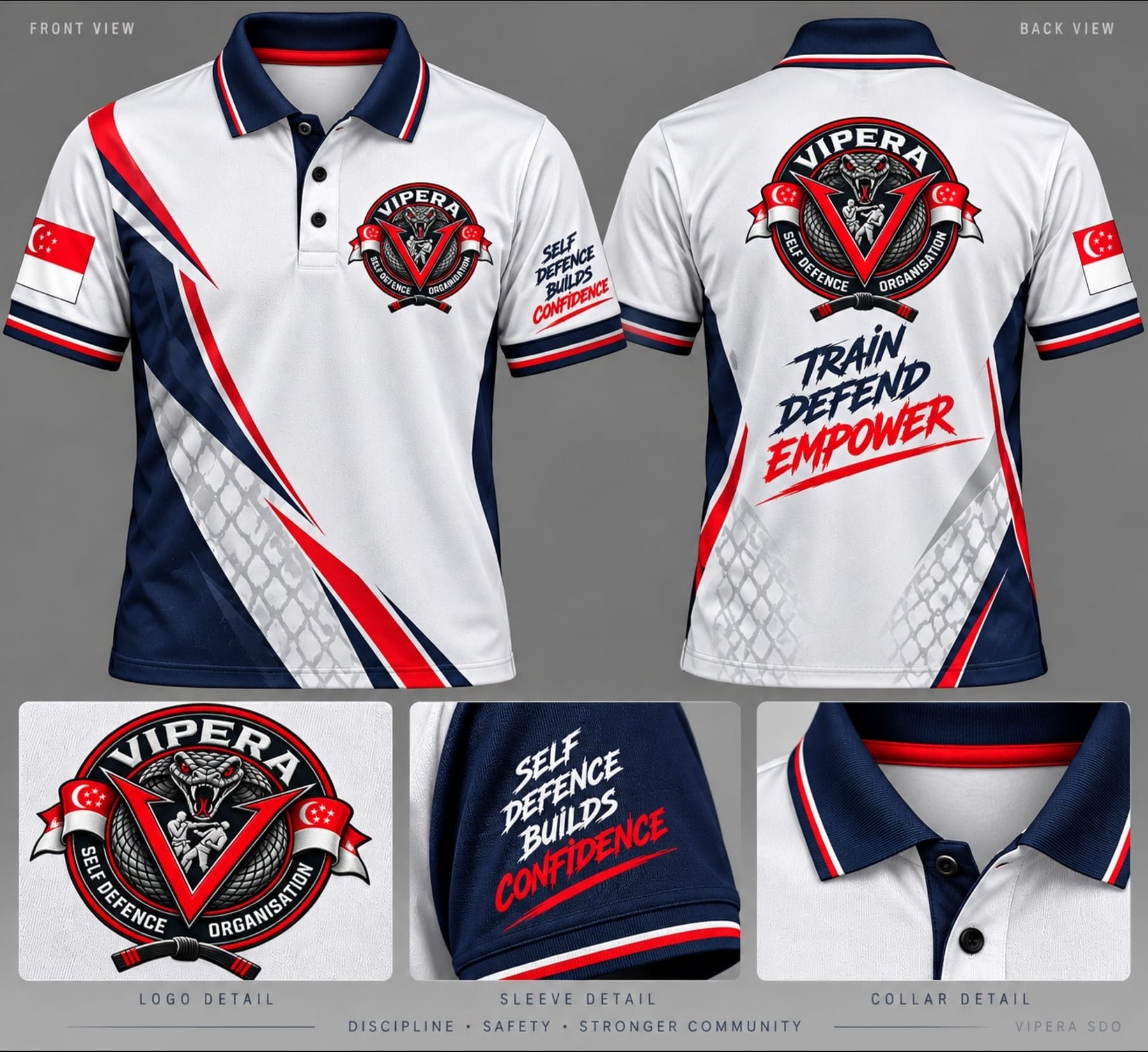 VIPERA Self Defence Organisation white polo shirt with navy and red accents, front and back view